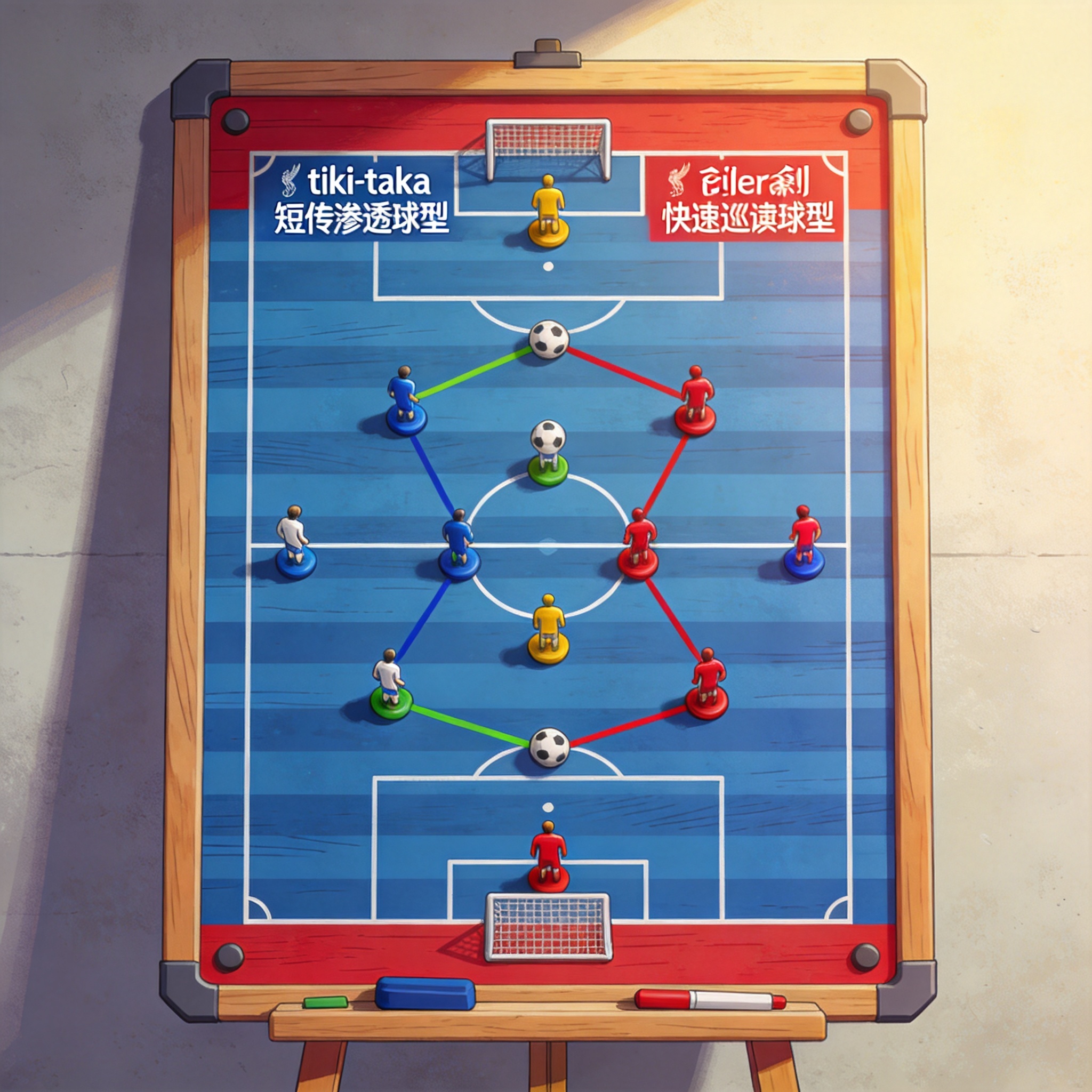 足球战术板上展示的比赛阵型布置图